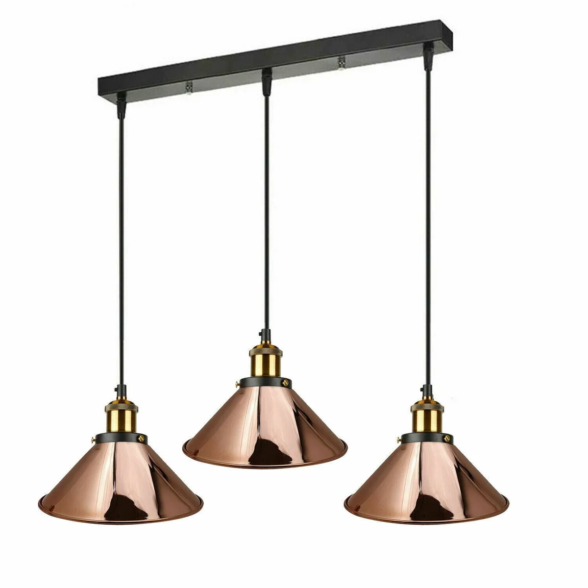 Vintage 3 light ceiling pendant with metal cone lampshades hanging from adjustable cables, styled in green brass.