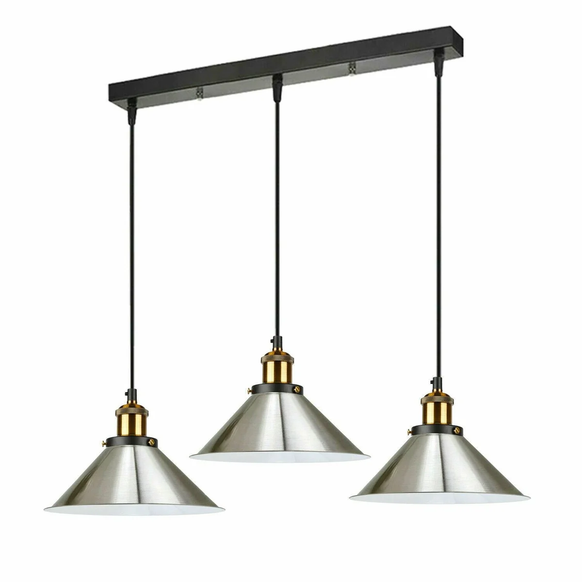 Vintage 3 light ceiling pendant with metal body, green brass, rose gold and satin nickel lampshades, adjustable cables.