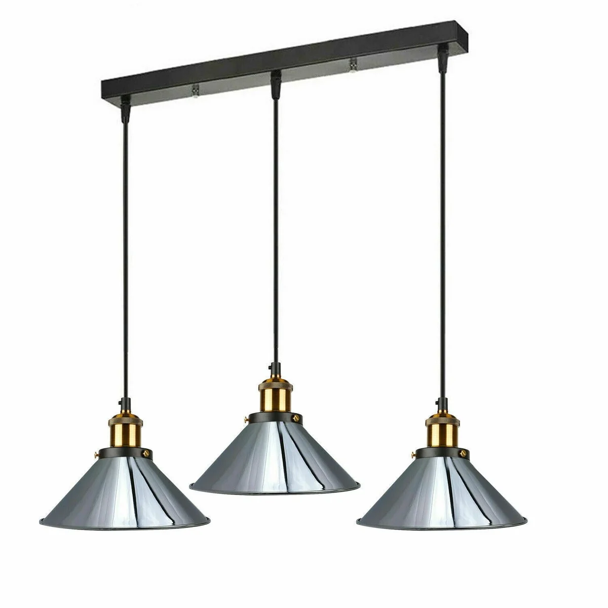 Vintage 3 light ceiling pendant with cone lampshades, metal body, adjustable cables, green brass finish