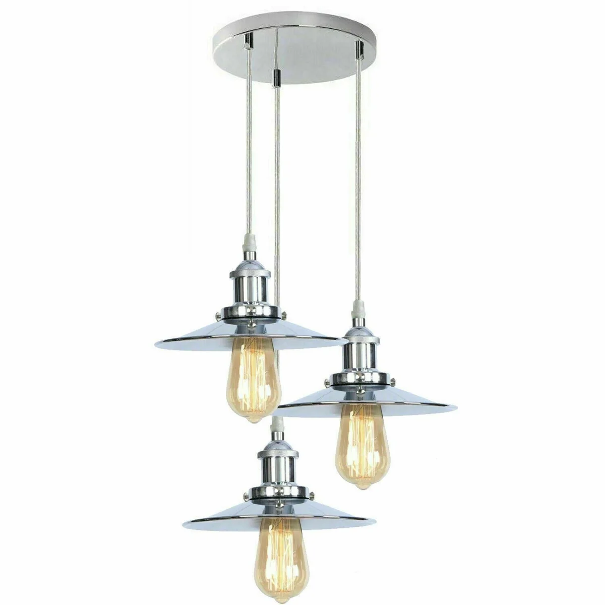 Modern 3 light pendant fixture with three chrome shades, E27 bases and a 95‑cm PVC cable hanging from a round plate