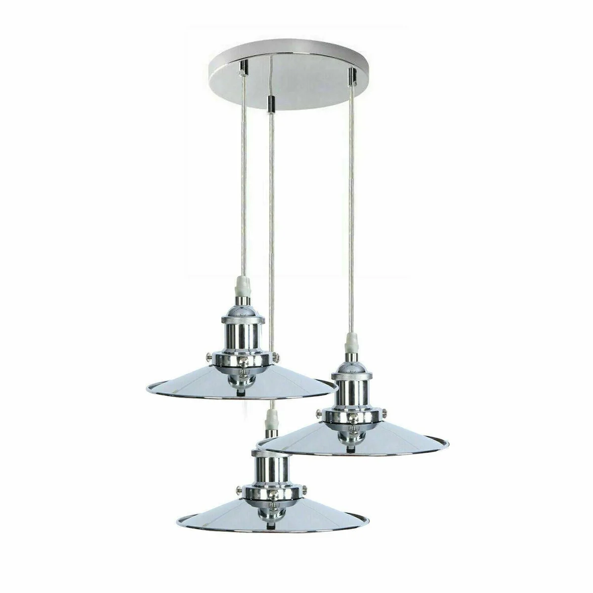 Three flat chrome pendant lamps hanging from ceiling, each with polished chrome shade.
