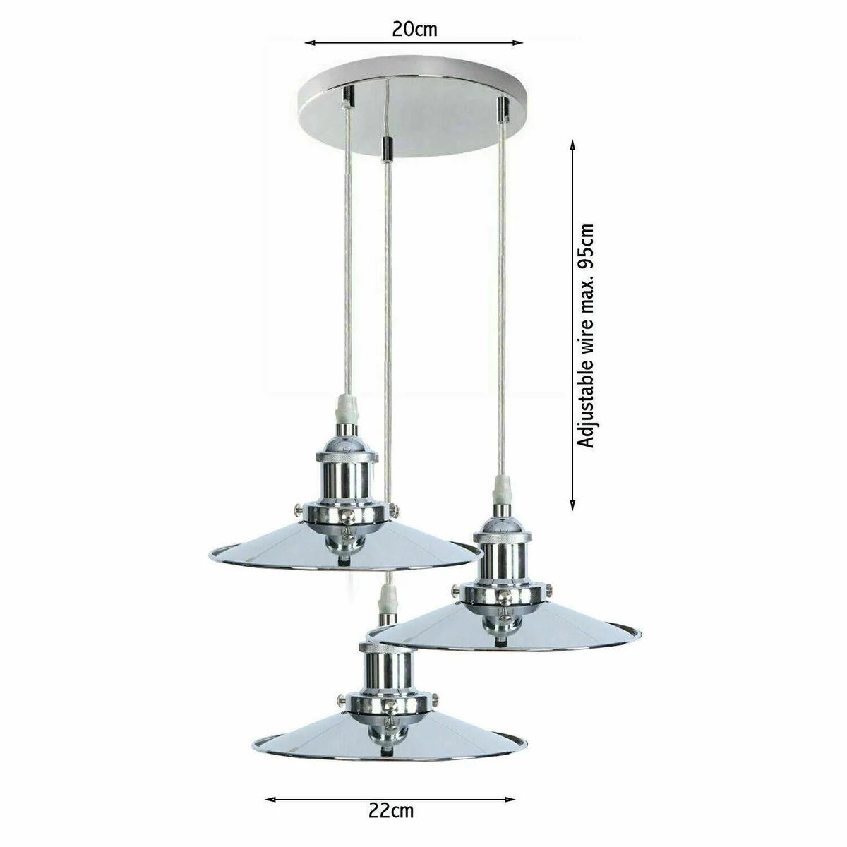 Three chrome flat pendant lights with polished shades hanging from ceiling, cable 95cm, for a kitchen island pendant light