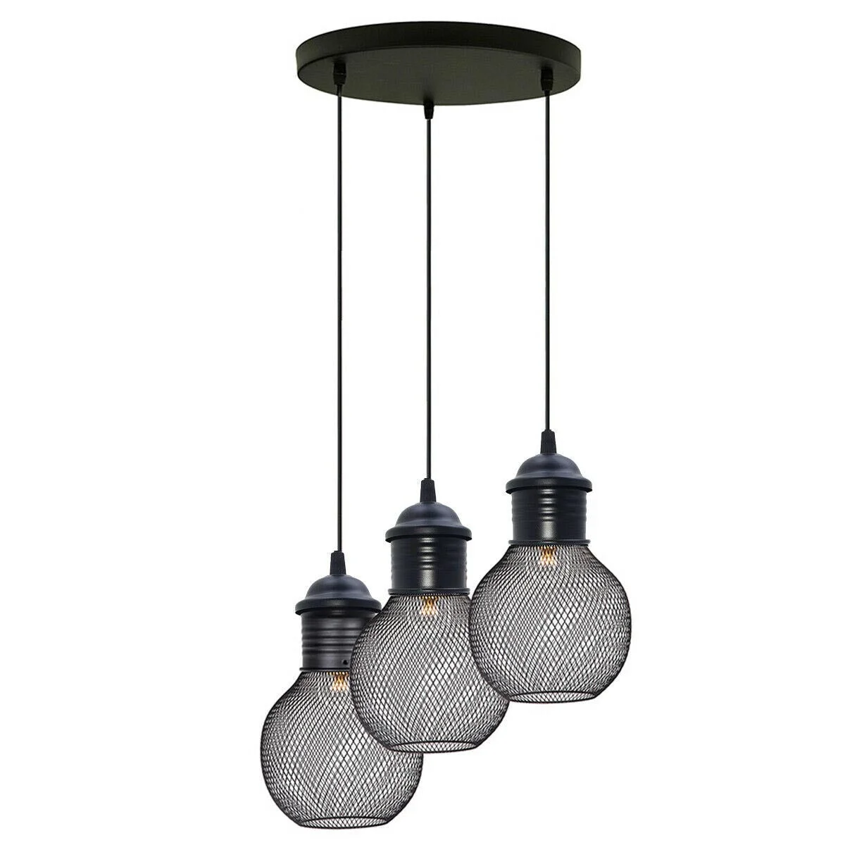 Black metal pendant light with three iron cages and white PVC lampshades hanging from a dark base.