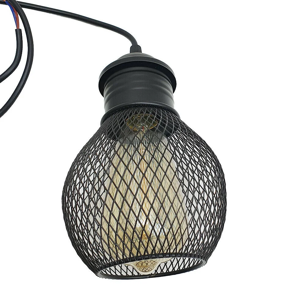 Black three‑way industrial ceiling light pendant with iron and PVC cages hanging from a single base