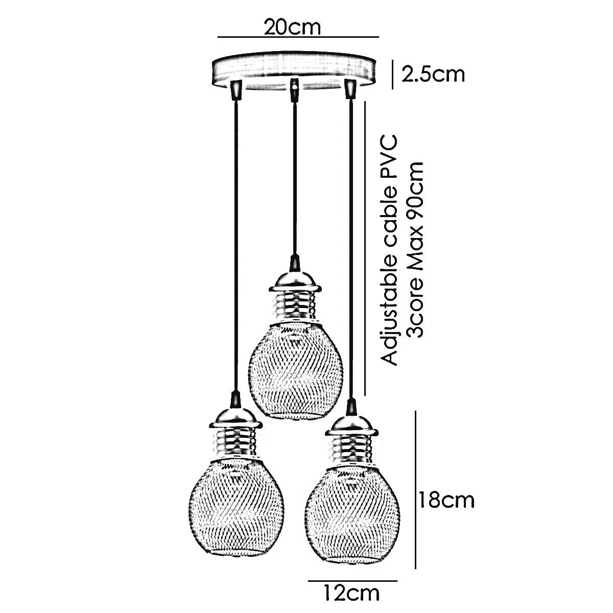 Black three way pendant light with iron cage and PVC shade, hanging as a set of three from a single bulb base.