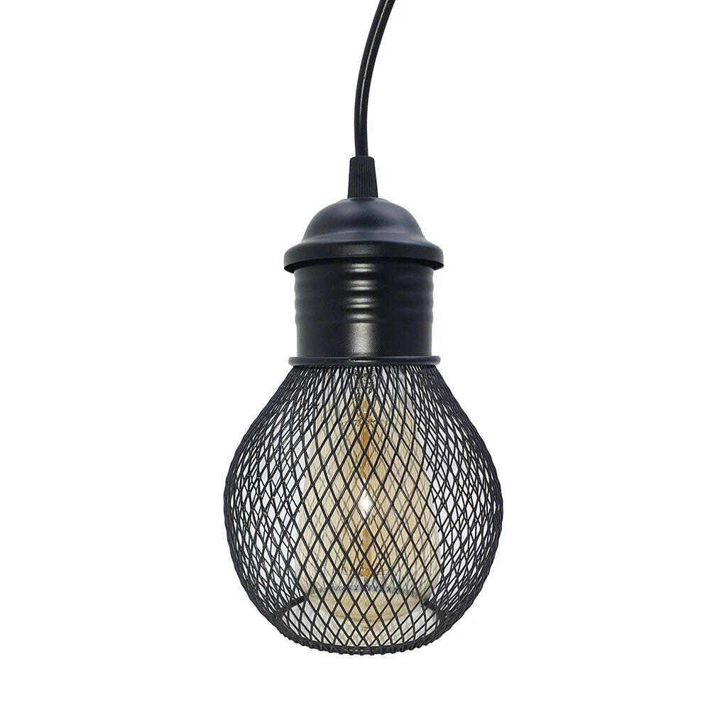 Black industrial wire cage ceiling lamp set with three glass cages, hanging from a single base, metal frame, interior look