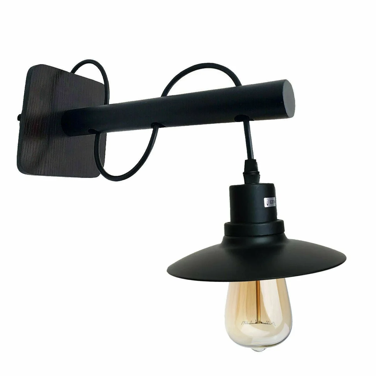 Black metal modern wall light sconce with industrial design, hanging from wall, no bulb included.