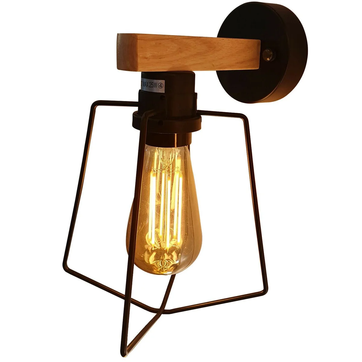 Black industrial style wall sconce with metal fitting, mounted on wall, light source indicates dimmable wall light.