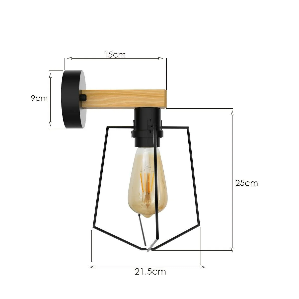Black modern metal wall lamp with industrial sconce, hung on wall, downward lighting, metal fittings visible
