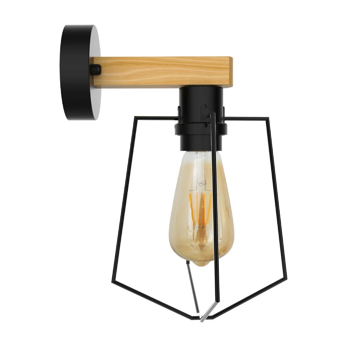 Black wall sconce with industrial metal design, wall-mounted, black finish, cast metal frame, sleek modern lighting fixture
