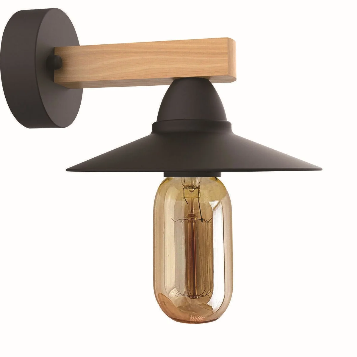 Black wall sconce with metal fittings, modern industrial design, wall‑mounted metal base, decorative interior lighting.