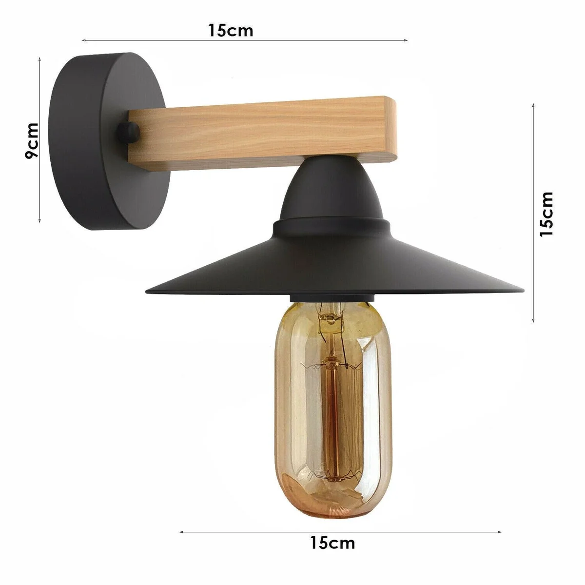 Black wall sconce with industrial metal design, wall mounted, dimmable, for indoor use.