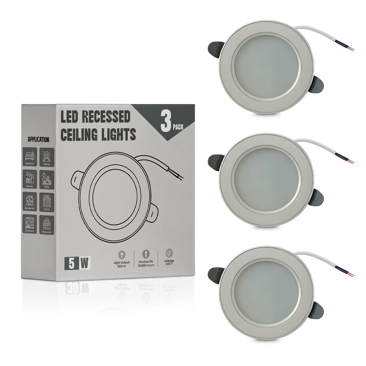 Round 5W recessed LED downlight in aluminium and acrylic housing, installed in a ceiling cavity, emits cool white light.