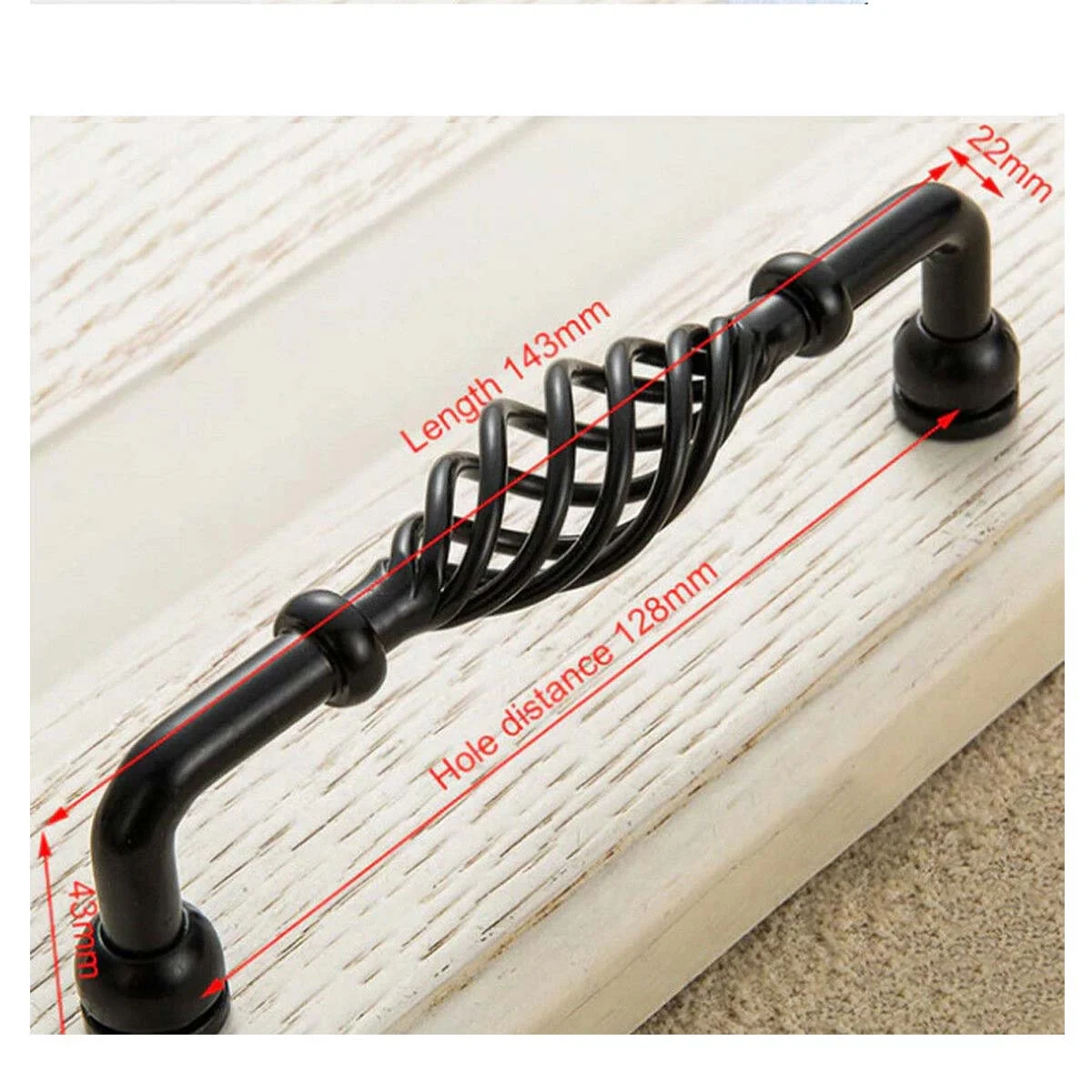 Black vintage 128mm metal cabinet handle, iron, with screw in black color.