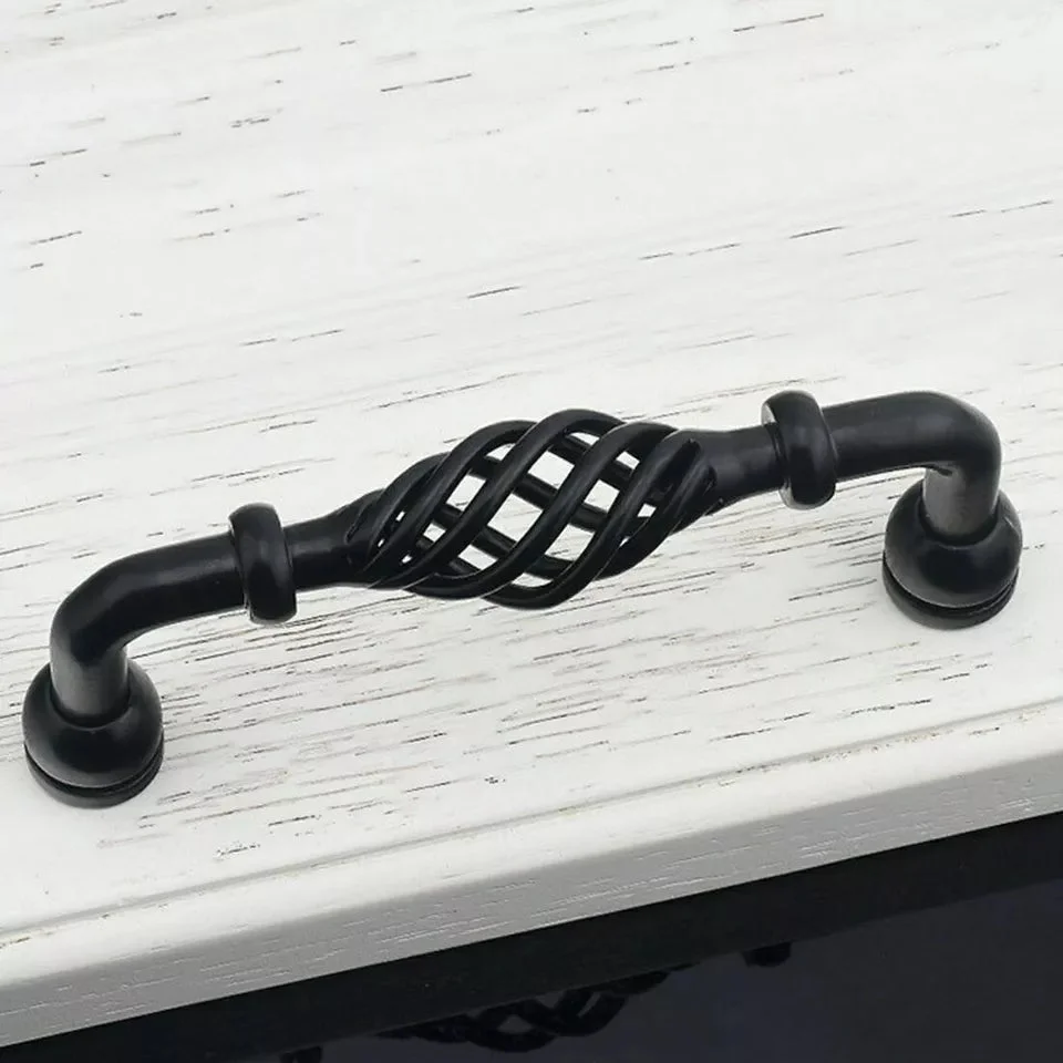 Black metallic retro drawer pull handle, 128 mm long, iron construction, vintage style