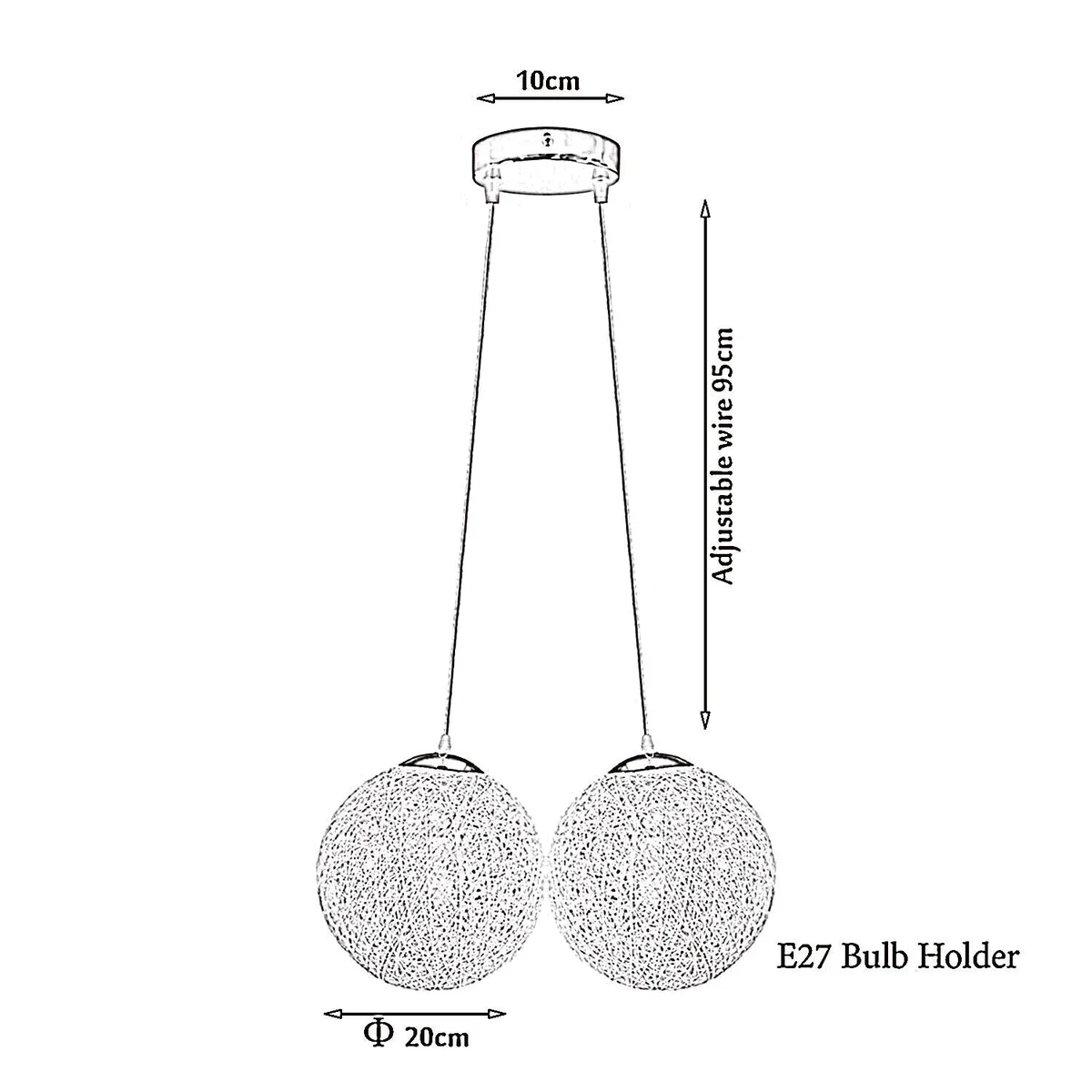 Green rattan wicker ball globe pendant lamp, E27 ceiling light, hanging from 95 cm wire