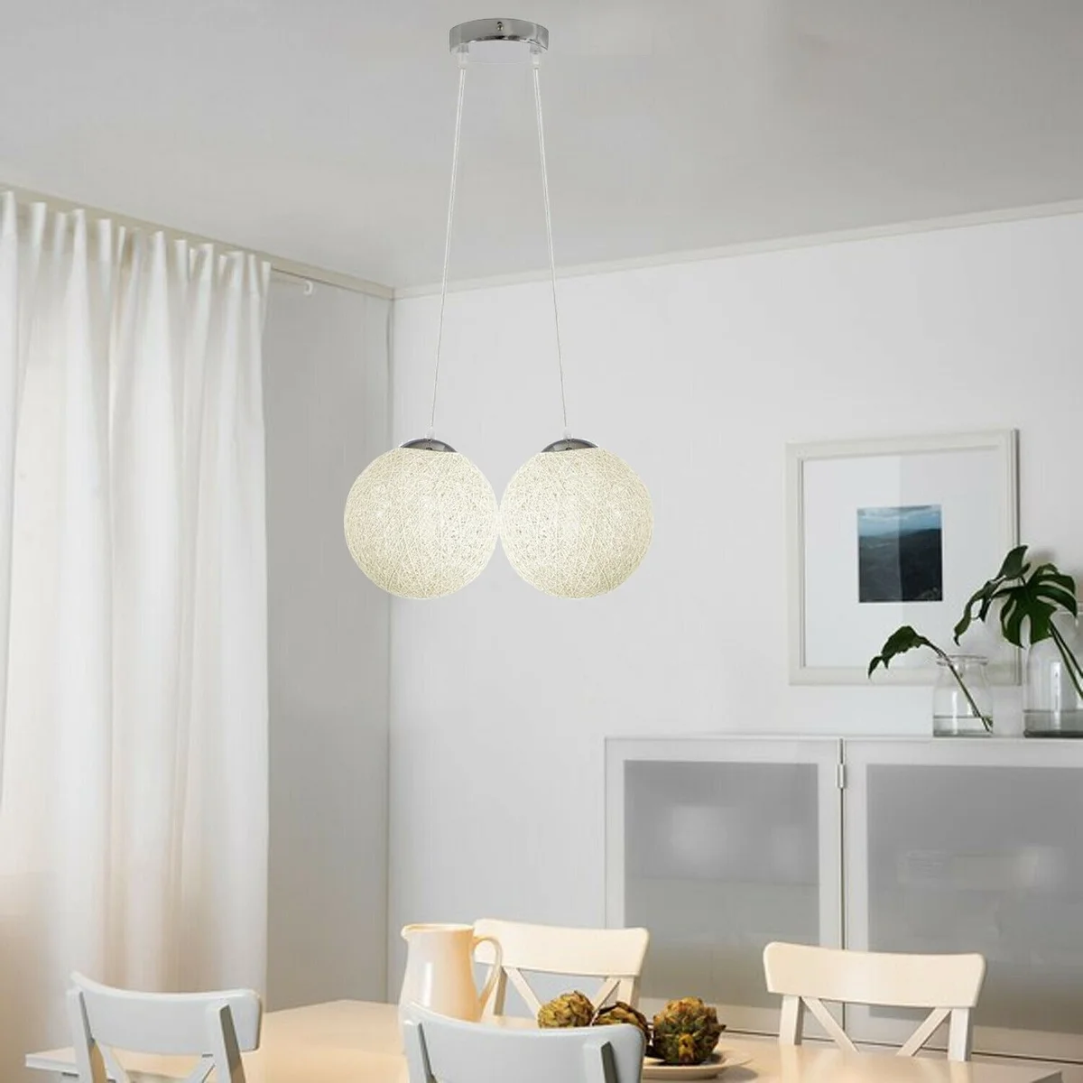 Green rattan pendant lamp, 20 cm diameter, hanging over a ceiling, perfect bedroom ceiling light with E27 socket.