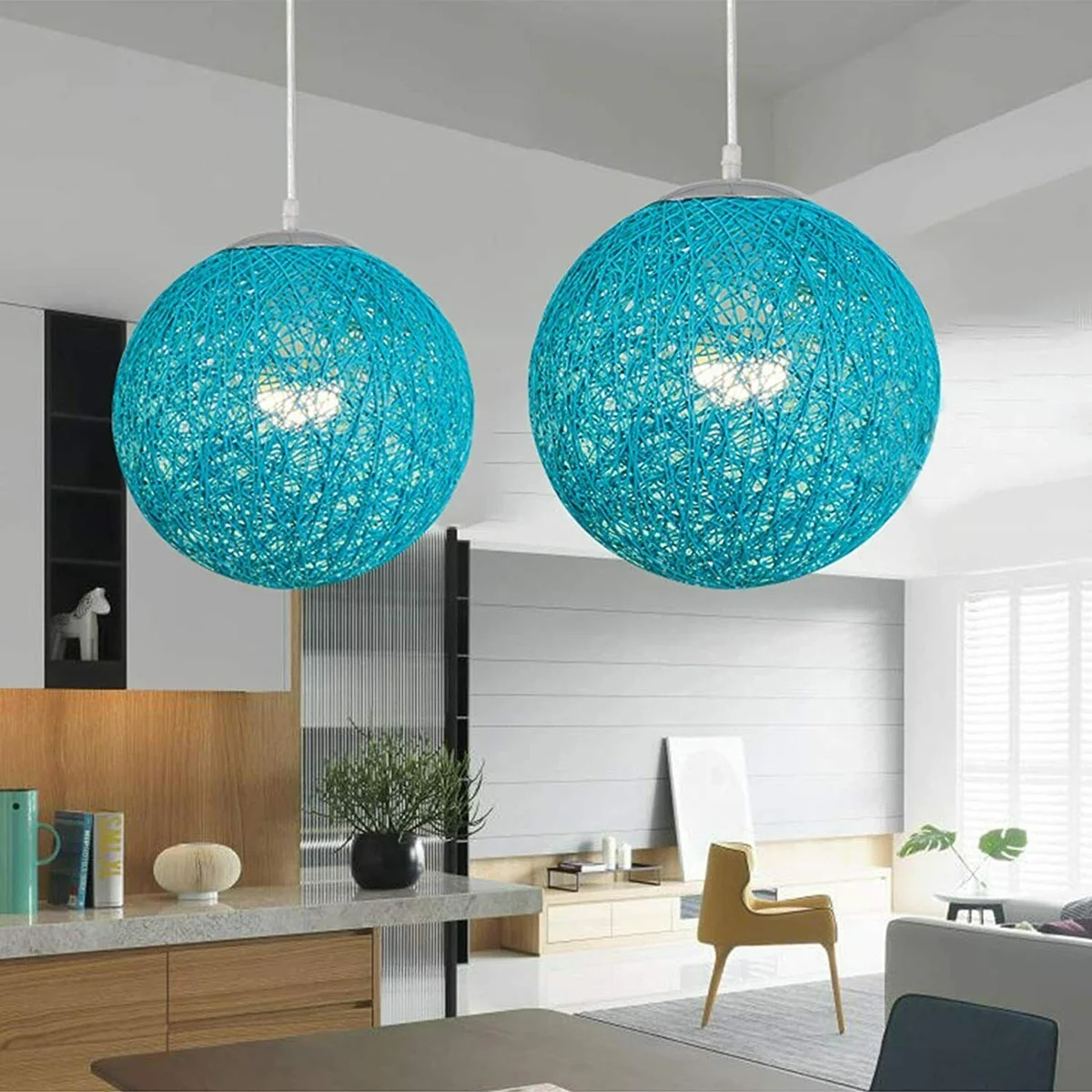 Two rattan wicker globe pendant lights in green and white, 20 cm diameter iron frame, hanging with 95 cm wire – perfect kitchen hanging lamp