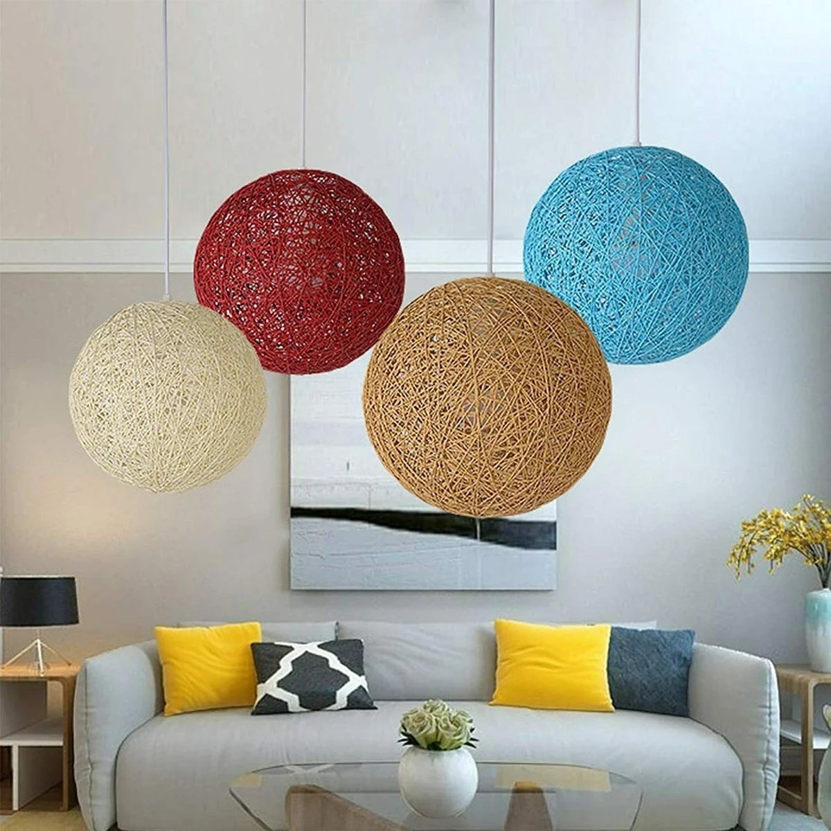 Rattan pendant light with green woven shade and iron base