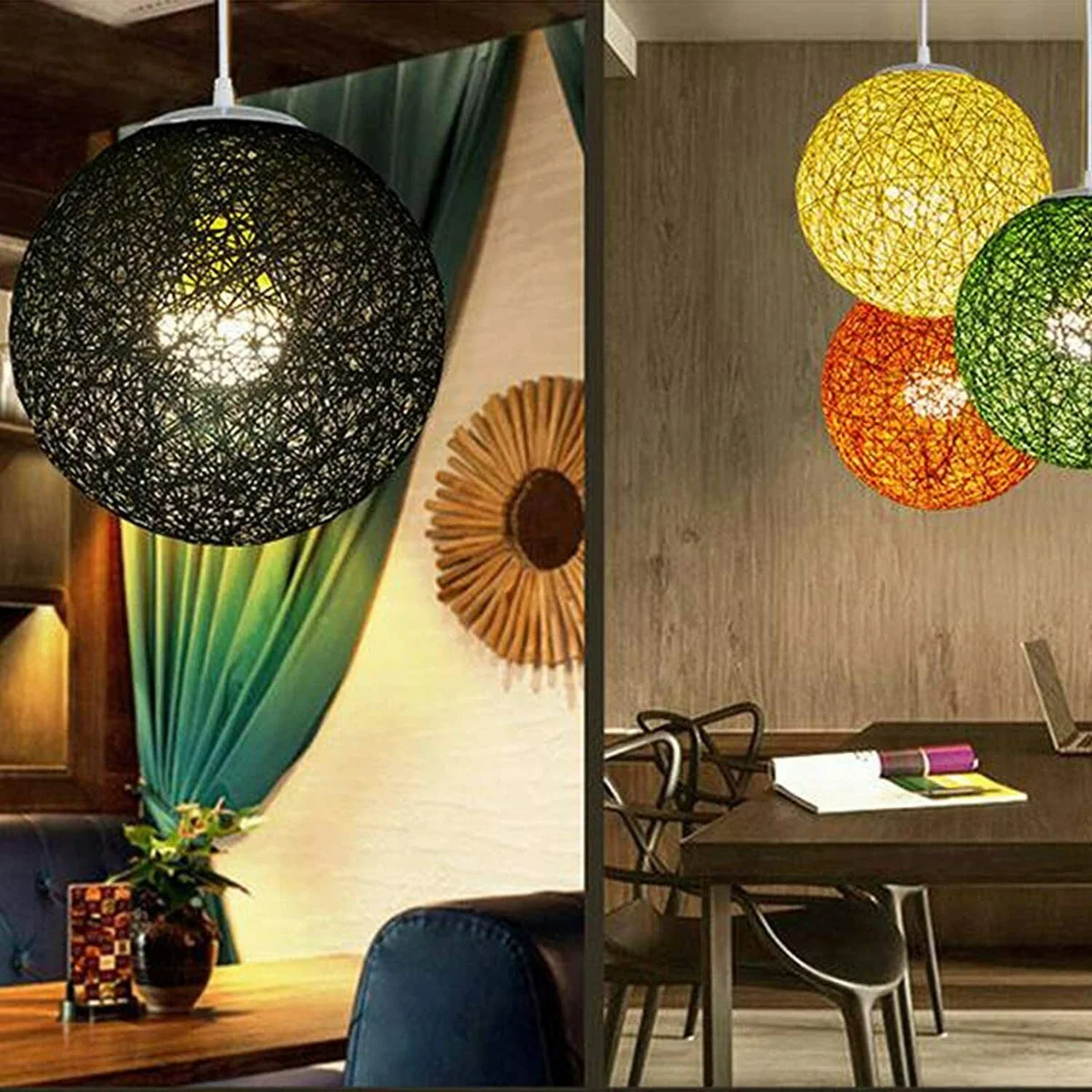 Rattan pendant light with green wicker globe, 20 cm diameter, hanging on iron frame, round LED shade.