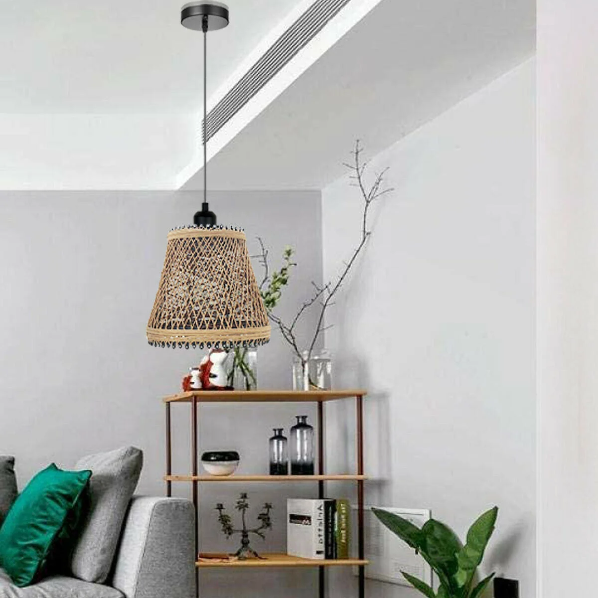 Rustic pendant light with woven rope cage, brown and black metal, 95cm cable hanging from ceiling.