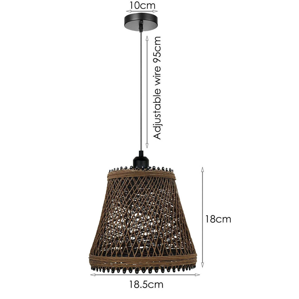 Industrial metal light with woven rope cage, brown and black metal frame, hanging on a 95cm cable.