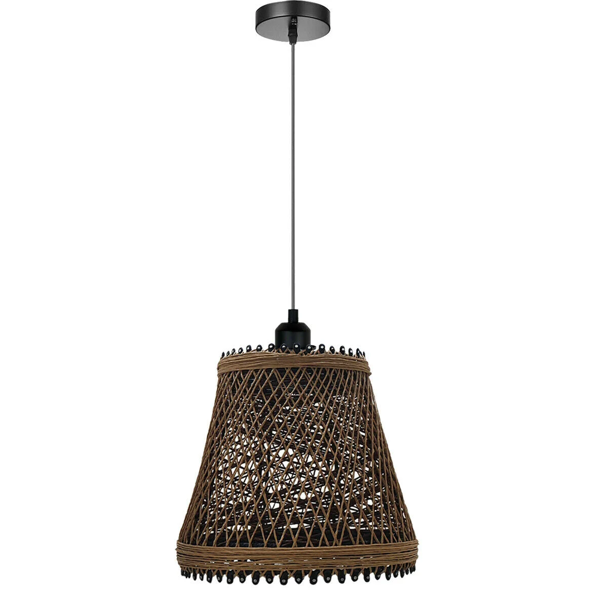 Brown rattan pendant lighting fixture with woven rope cage, metal frame and E27 socket, hanging from 95cm cable
