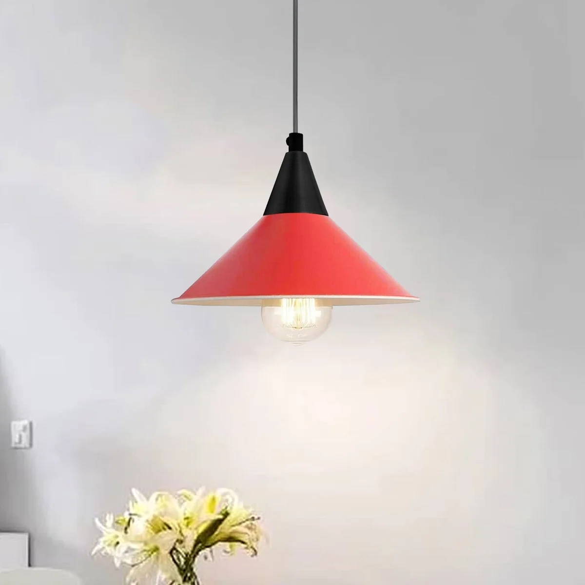 Retro cone pendant light with a painted metal cone shade white interior hanging from 95cm cable suitable for kitchen island