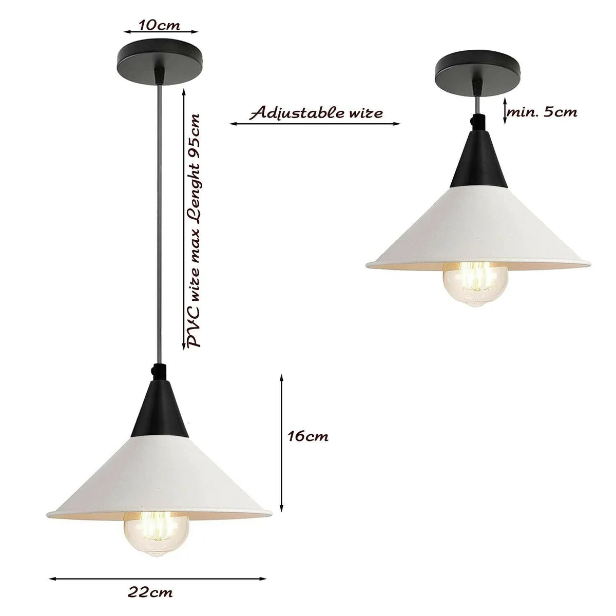 Industrial pendant light with metal cone shade, white interior, adjustable 95cm PVC cable on 10cm ceiling plate for kitchen.