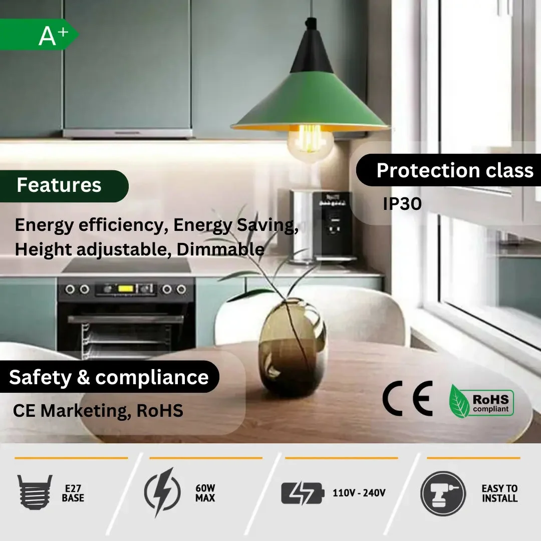 Retro metal cone pendant with adjustable PVC cable, white interior, ideal for kitchen island lighting.