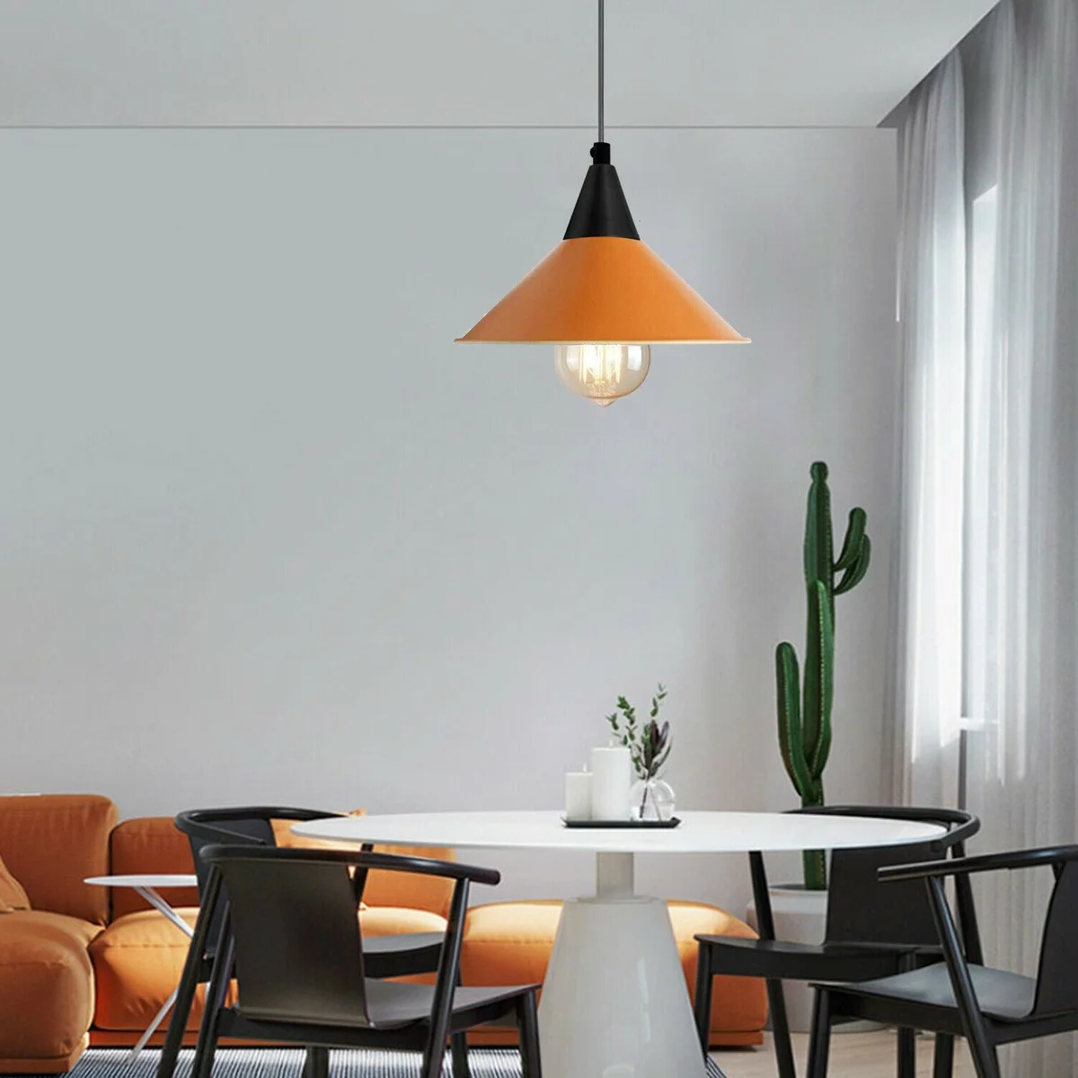 Retro industrial cone pendant with painted metal cone shade, white inner, 95cm PVC cable, featuring E27 ceiling light fitting.