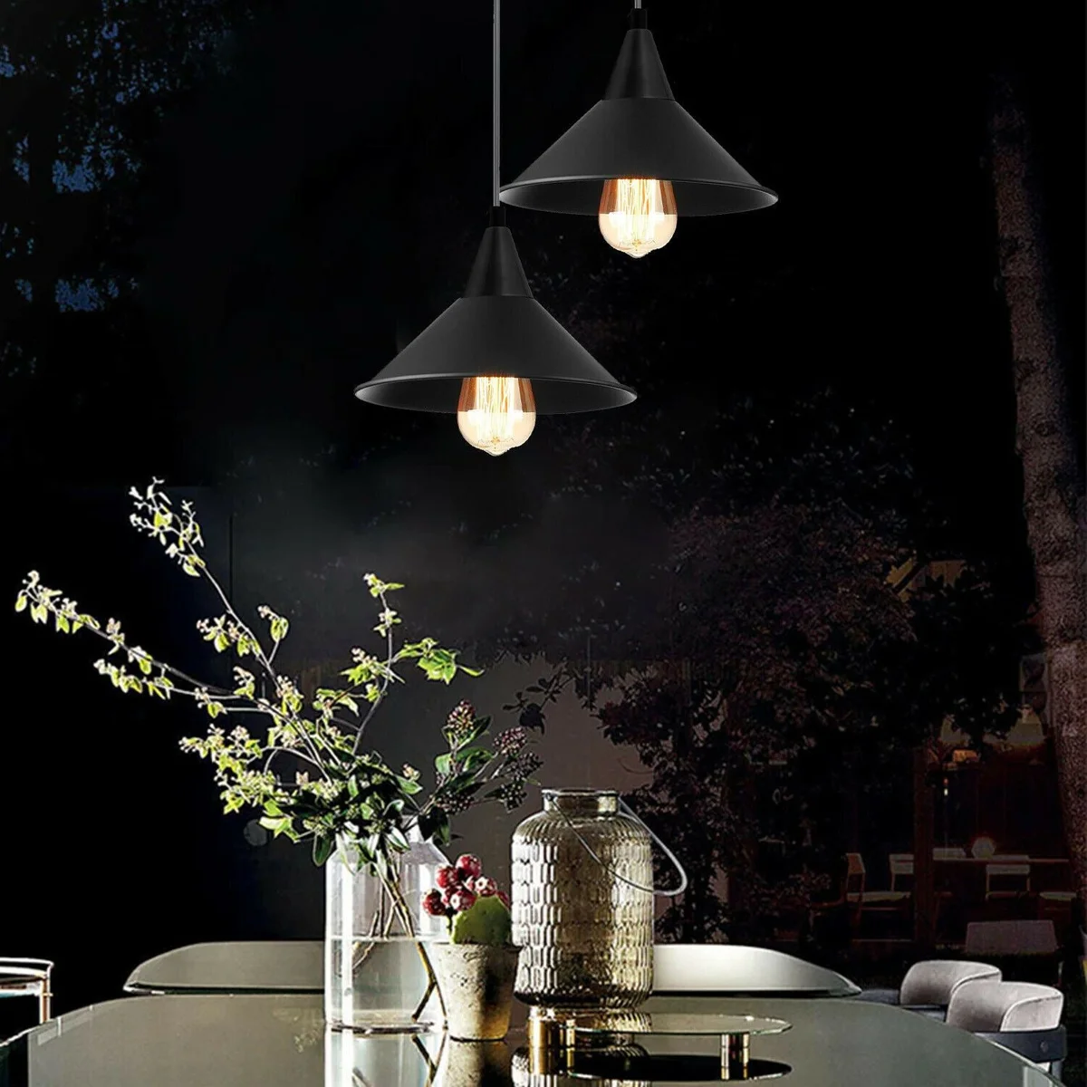 Retro cone pendant light with metal cone shade, white interior, 95cm adjustable PVC cable, hanging over kitchen island.
