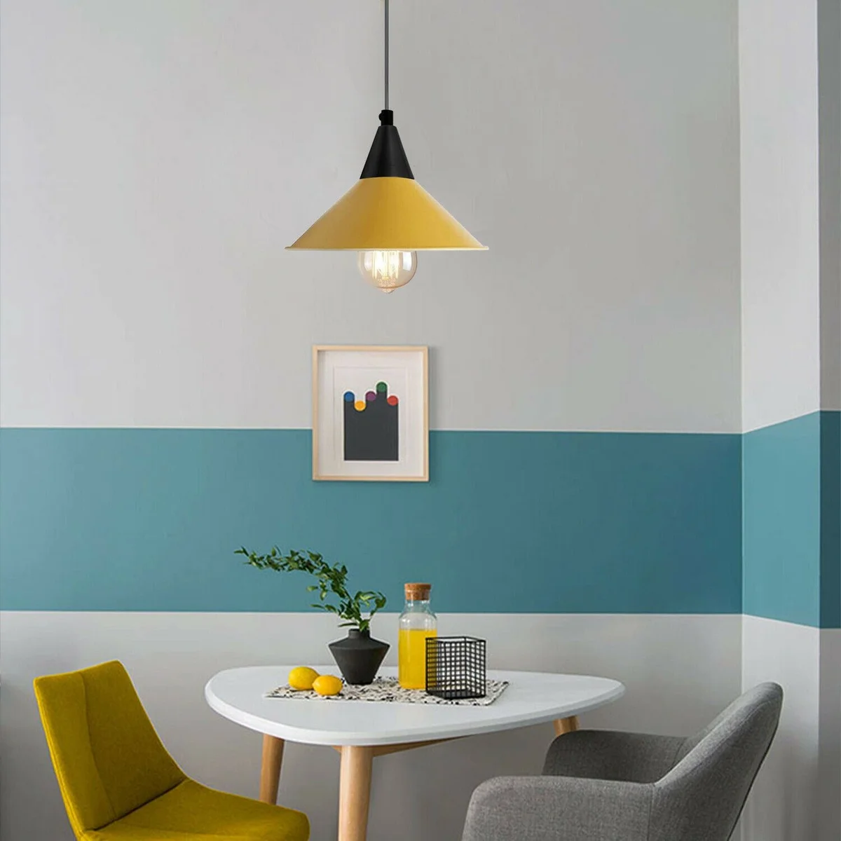Retro cone pendant light: metallic cone shade, white interior, 95 cm PVC cable, 10 colours—ideal for kitchen island.