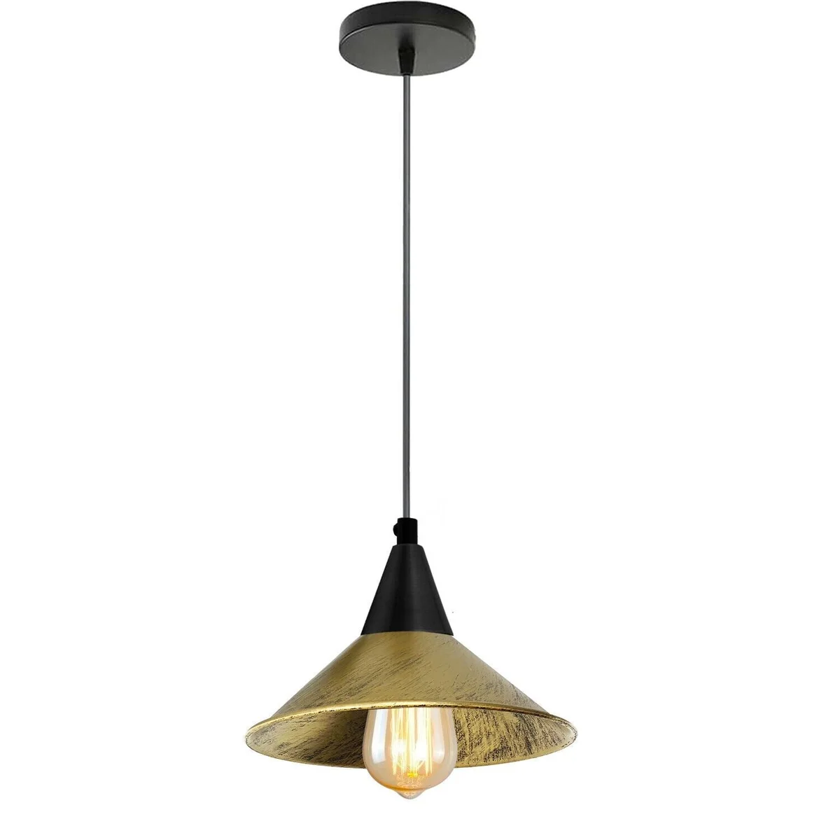 Retro cone pendant light with painted metal cone shade, white interior, adjustable 95cm PVC cable, E27 base.