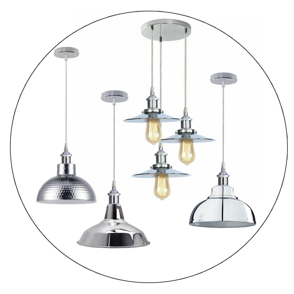 Chrome hanging lamp with metal shade, white interior hood and 95 cm adjustable cable, suspended from ceiling