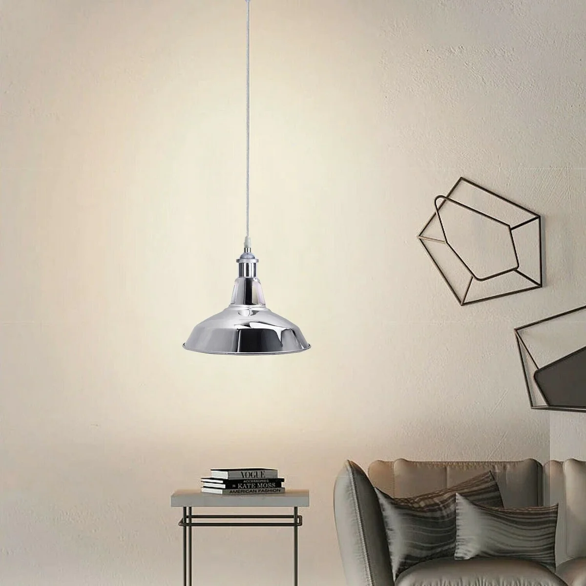 Chrome hanging lamp with 95cm adjustable cable, metal body, PVC wire, vintage modern ceiling light.