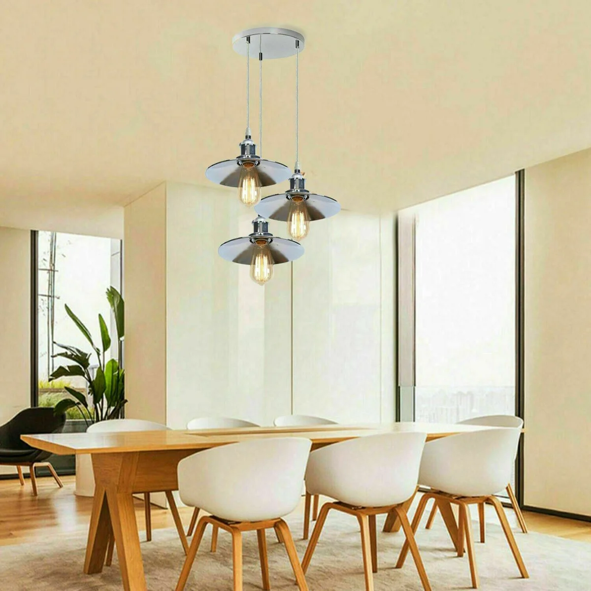 Chrome metal ceiling pendant light with adjustable 95 cm wire, featuring a white hood and an E27 bulb base.