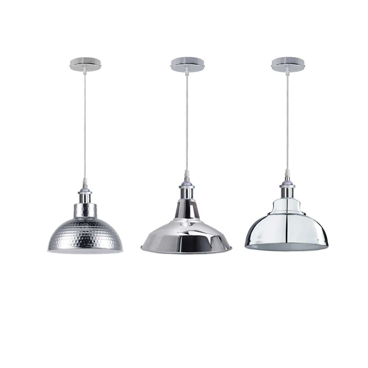 Industrial style pendant lamp with chrome finish, 95 cm adjustable cable, white interior hood, angled base for sloped ceilings.