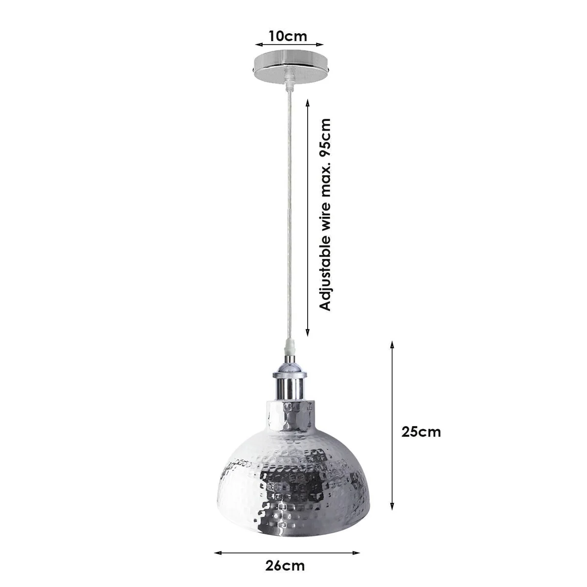 Chrome finished metal ceiling pendant light with adjustable 95 cm cable and white hood, hanging from ceiling.