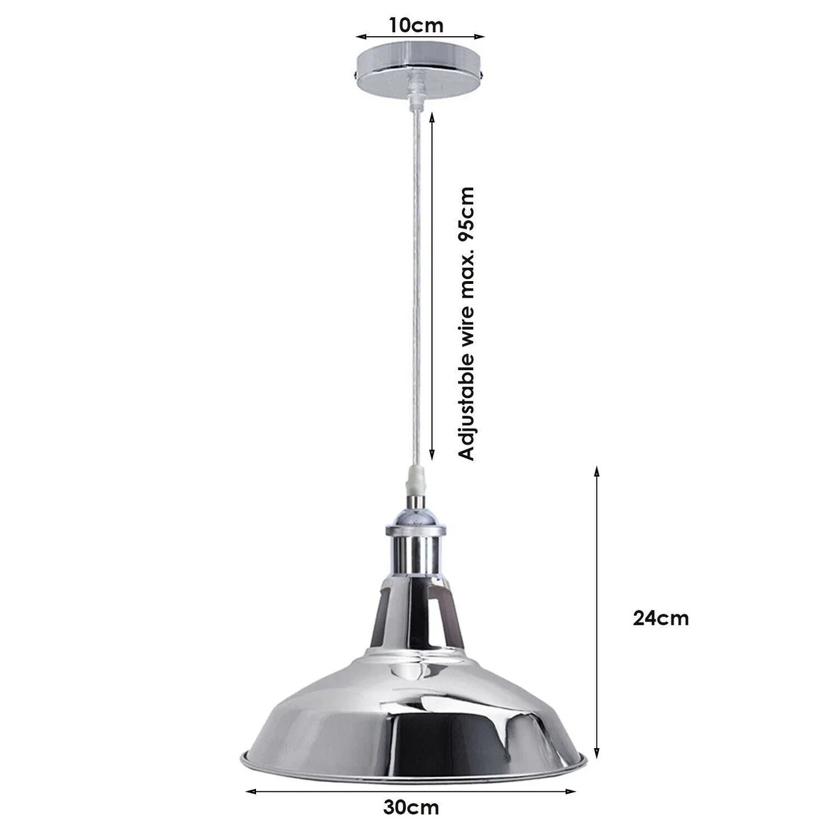 Vintage chrome metal ceiling pendant light with adjustable 95 cm cable and sleek metal shade.