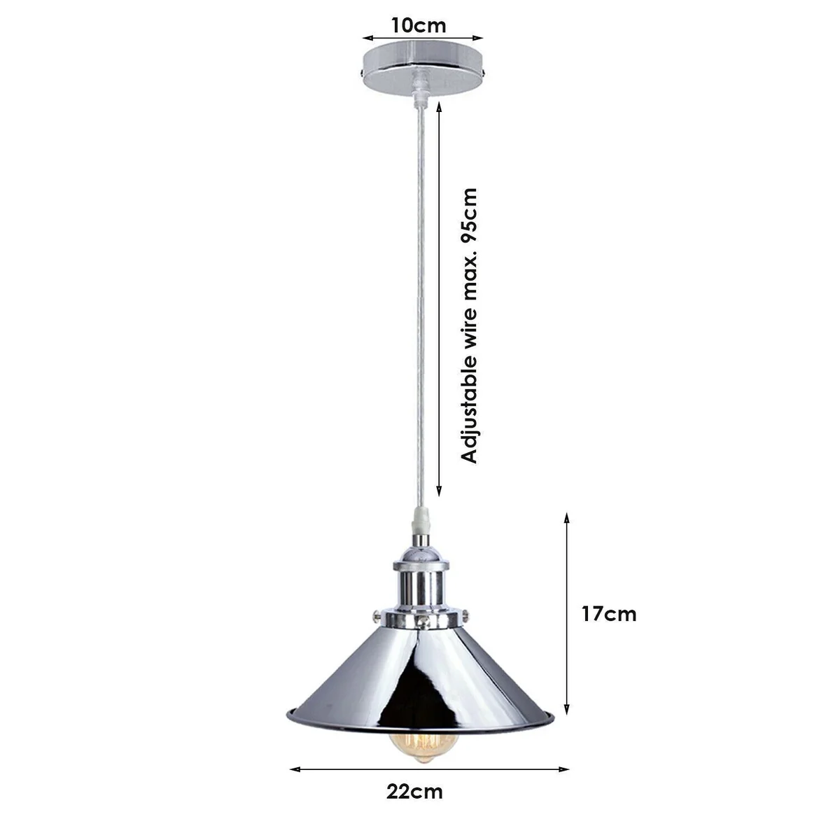 Chrome metal ceiling pendant light with adjustable 95 cm wire, metal shade and white inner hood—ideal for kitchen or dining.