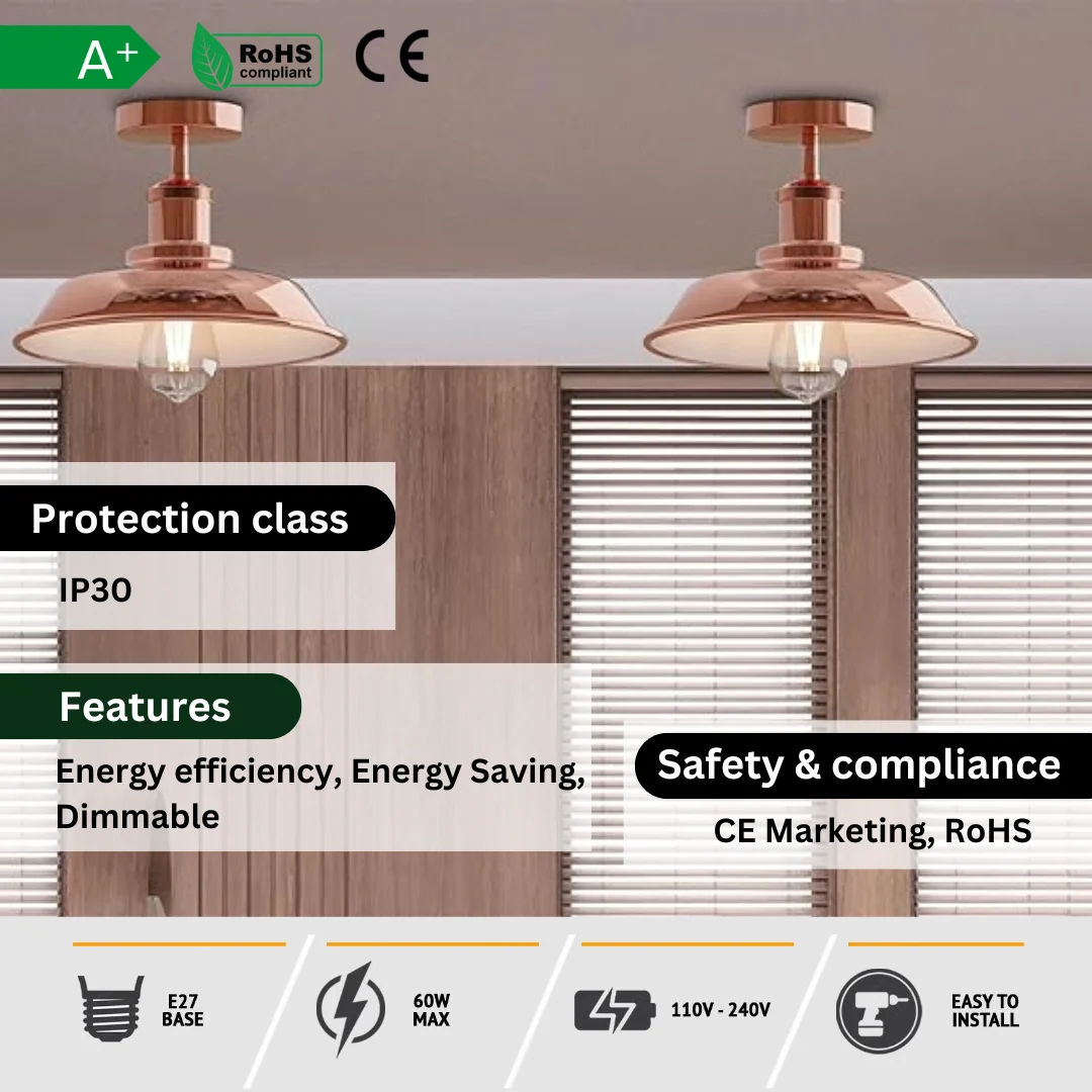 Copper finish lamp with semi-flush mount, round metal shade, 10cm by 2cm, E27 base.