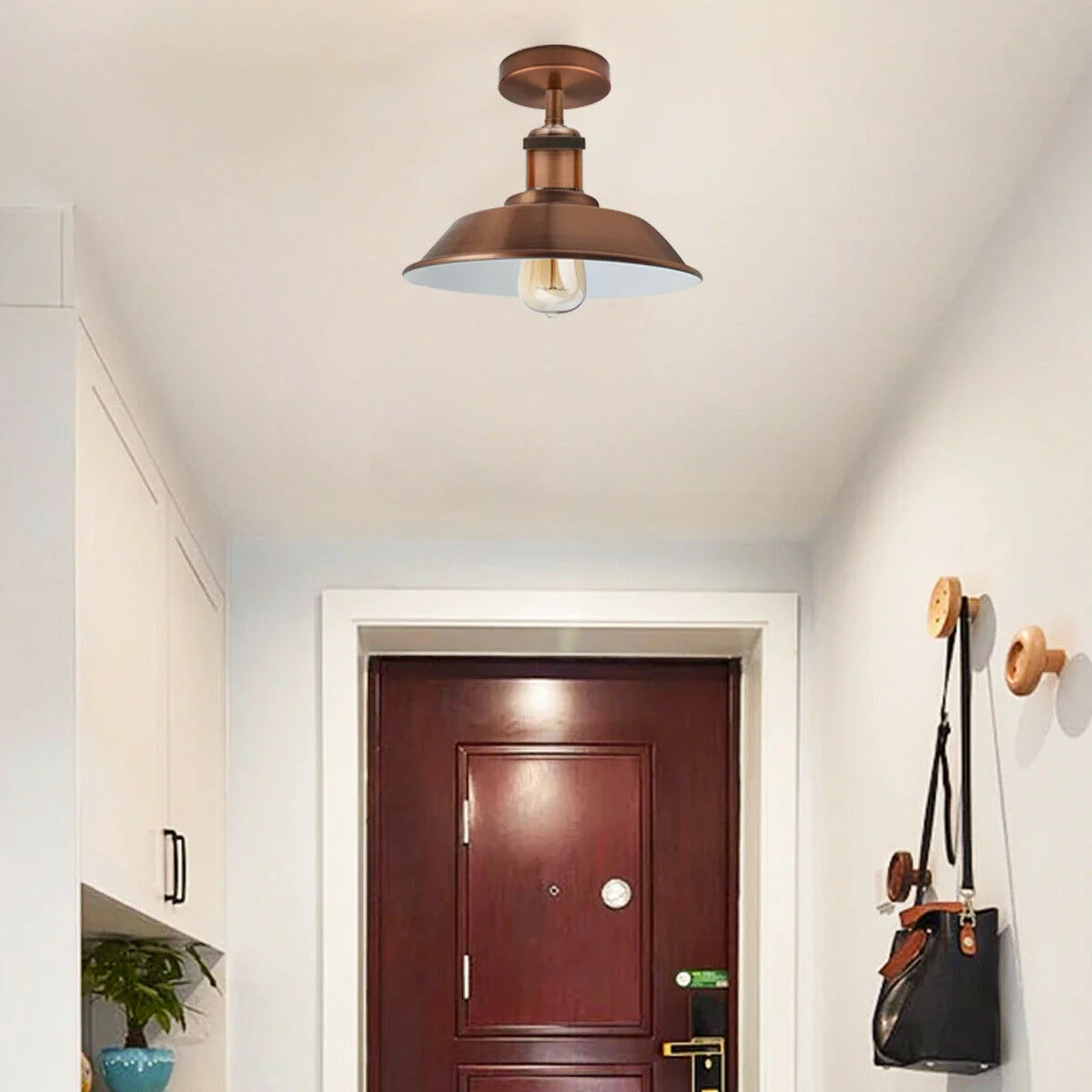 Copper‑finished semi-flush mount light with metal housing, E27 lamp base, small 10cm x 2cm plate, 4cm shade opening.