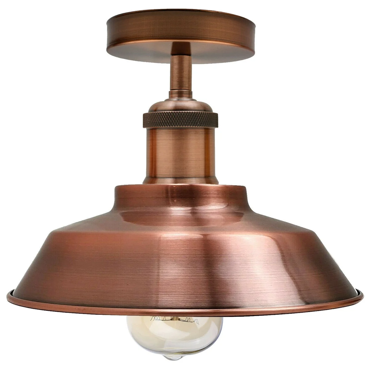 Vintage style ceiling light in copper finish, metal body, E27 base, hanging from ceiling.
