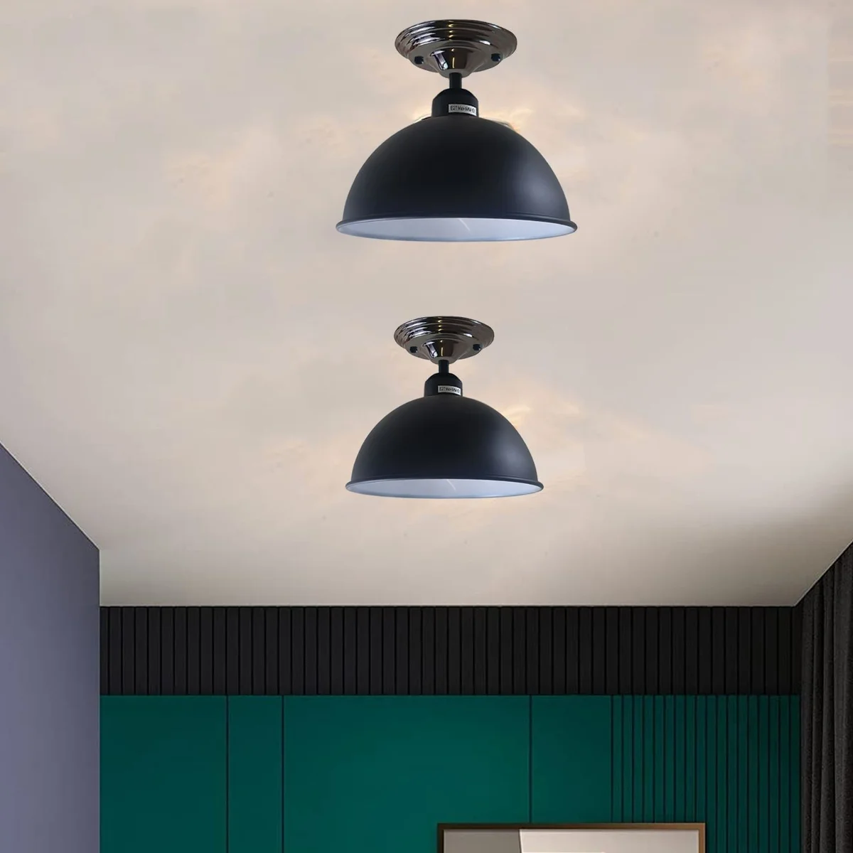 Black metal indoor pendant lighting with a 14cm by 4cm semi‑flush glass shade, E27 base visible.