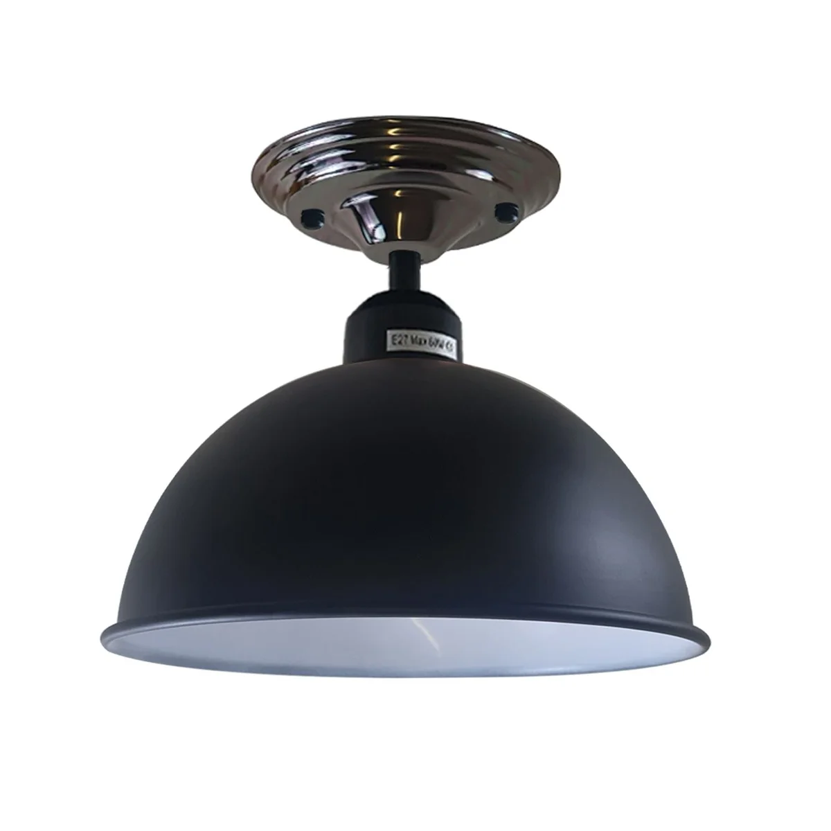 Black semi flush metal ceiling light for dining, 14cm x 4cm pendant with E27 base.