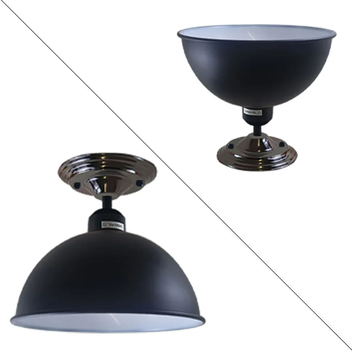 Black semi flush ceiling light with 14cm metal shade, includes E27 holder.