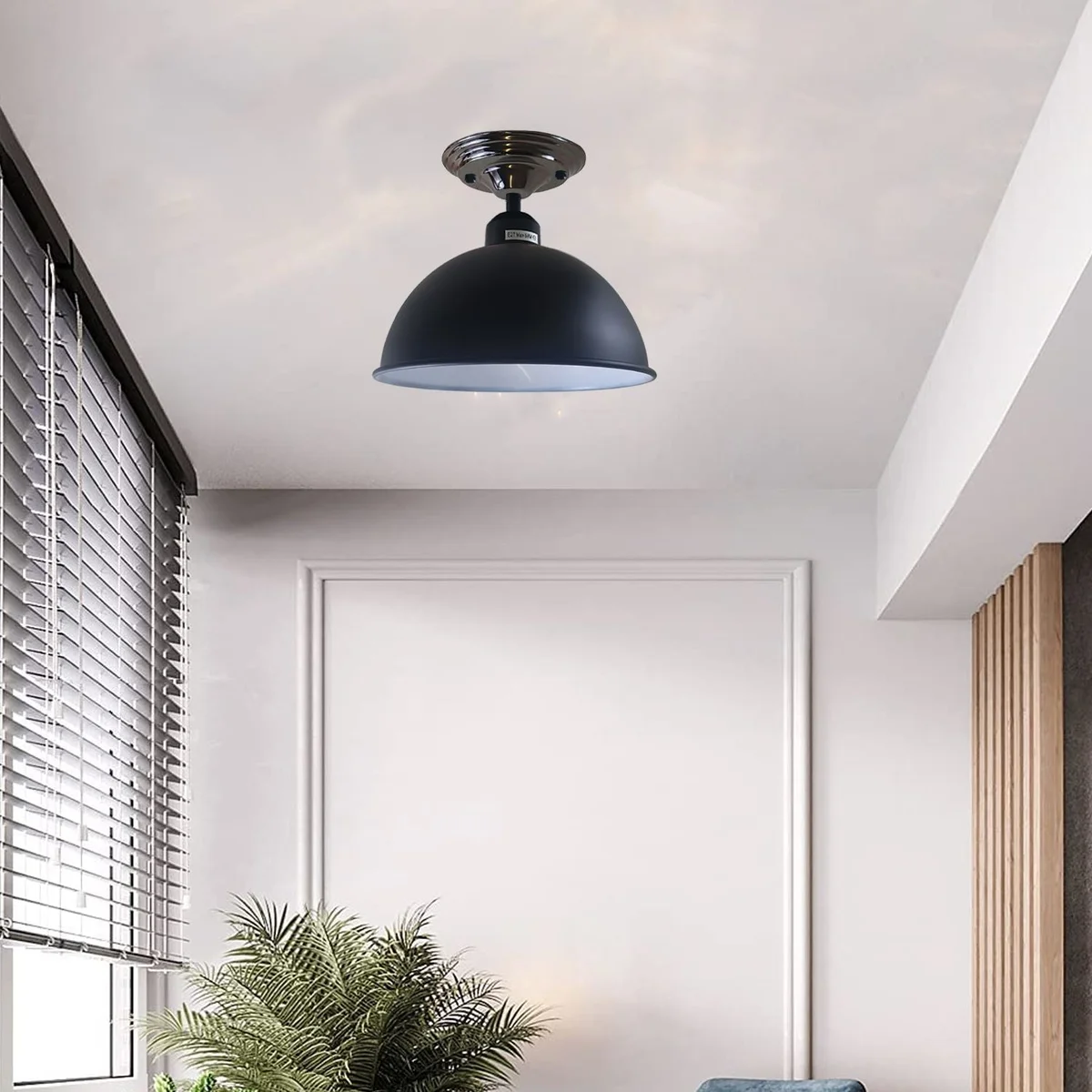 Black metal semi flush ceiling light with 14cm‑4cm shade and exposed E27 base