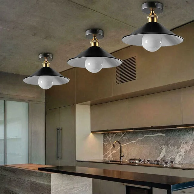 Black ceiling lamp with cone metal shade, E27 base socket, sleek design for kitchen or living room