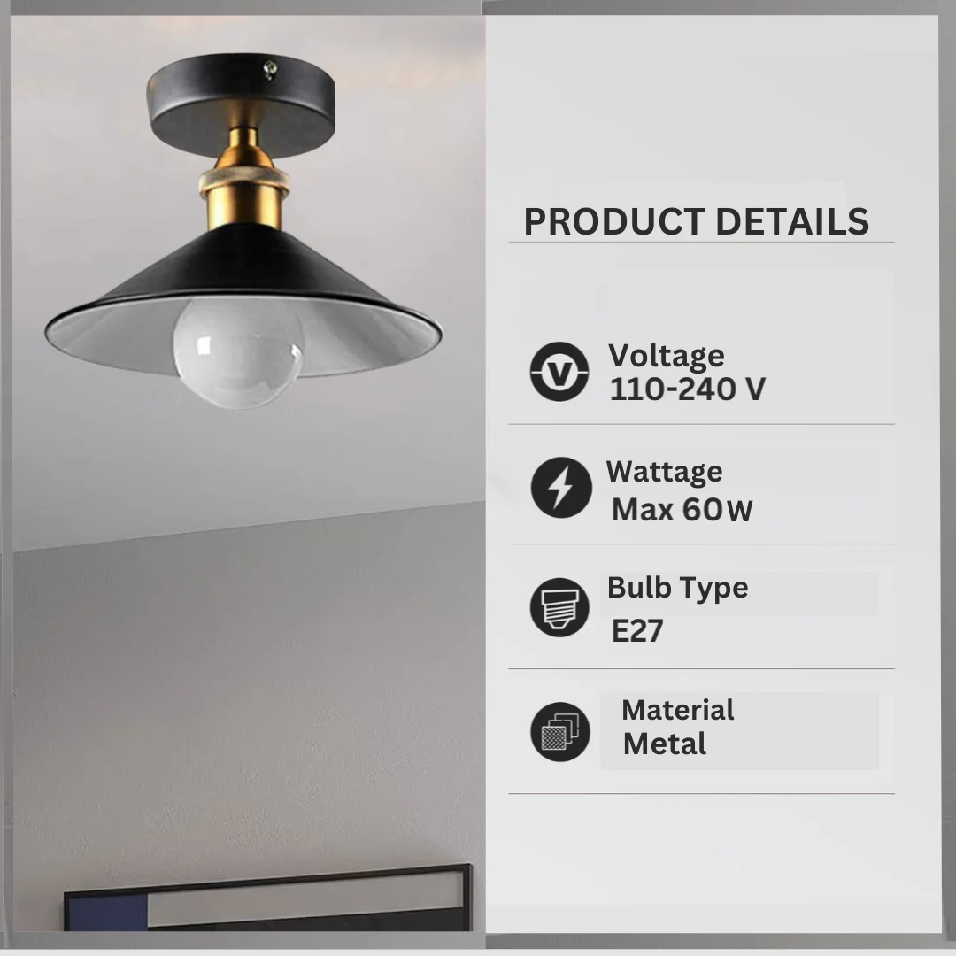Black metal cone‑shaped E27 ceiling light with round shade, mounted on flush ceiling panel.